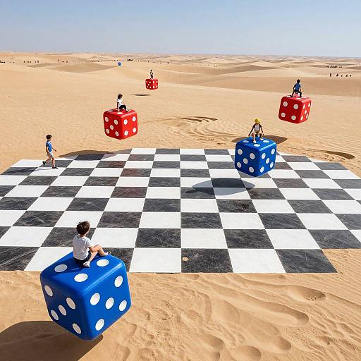 Digital art: Children playing on a giant chessboard in a desert, sitting on oversized dice (red, blue with white polka dots). Bright,