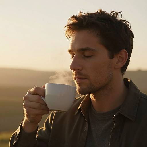 Photograph of a young man with short dark hair, holding a steaming white mug, wearing a brown jacket, against a golden sunset background.