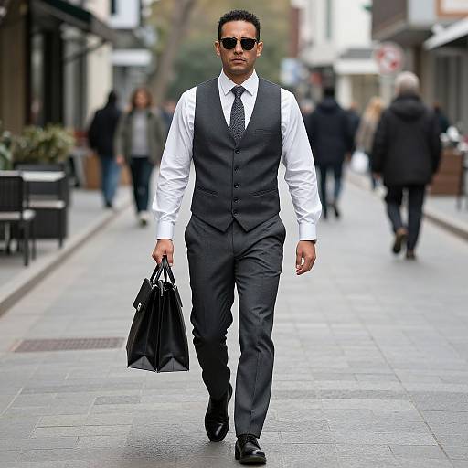 Photograph of a confident man in a white shirt, black vest, and tie, wearing sunglasses, walking on a city sidewalk, carrying a black shopping