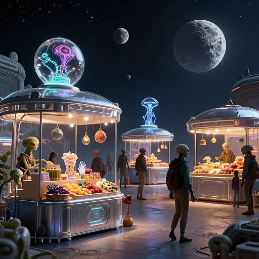 Glowing alien market stall under starry night sky with planets, illuminated food displays, and neon signs, people browsing. Digital CGI art.