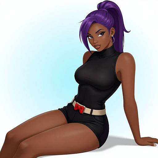 Digital illustration of a dark-skinned woman with purple hair in a high ponytail, wearing a black sleeveless turtleneck and shorts, with a
