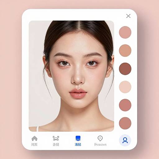 Digital portrait of an East Asian woman with fair skin, dark hair, subtle pink eyeshadow, and natural makeup, framed with color swatches.