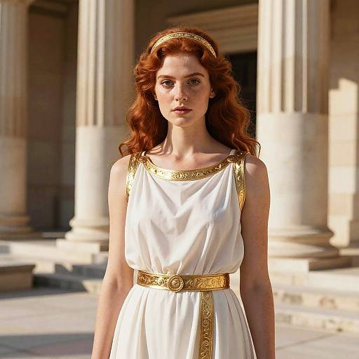 Photograph of a red-haired woman with wavy hair, wearing a white ancient Greek-style dress with gold trim and belt, standing in front of classical