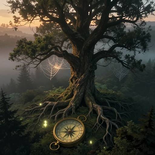 Fantasy digital artwork: A large, twisted tree with glowing fireflies, a spiderweb, and a golden compass at its base, set at sunrise