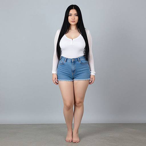 Photograph of a young Asian woman with long black hair, wearing a white long-sleeve top and blue denim shorts, standing barefoot against a