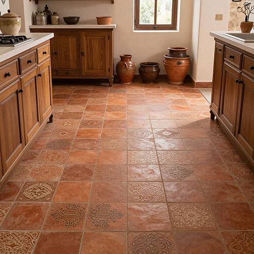 Photograph of a rustic kitchen with terracotta tile floor, wooden cabinets, two brown ceramic jars, and a window casting sunlight.