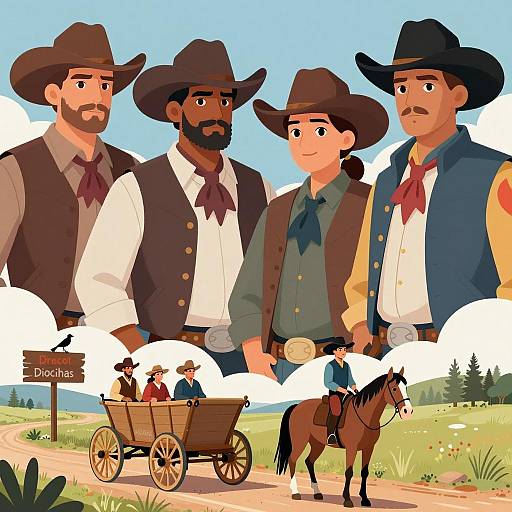 Dynamic Cowboys and Wagon Scene Illustration