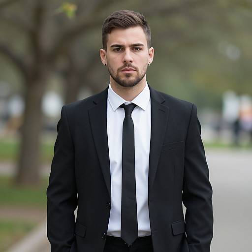 Photograph of a young, handsome man with short brown hair and trimmed beard, wearing a black suit, white shirt, and black tie, standing outdoors