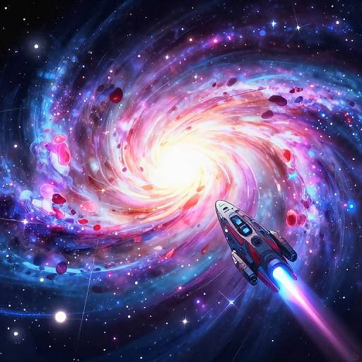 Digital artwork of a futuristic spaceship flying through a vibrant, swirling galaxy with a bright, colorful core, surrounded by stars and red planets.