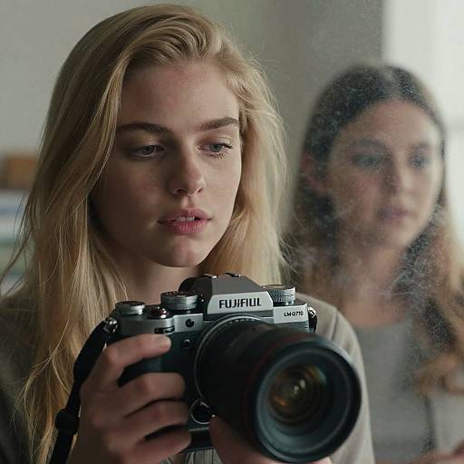 Blonde Woman Holding Camera with Reflection