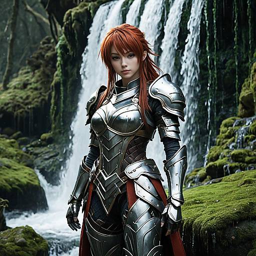 Lifelike Anime Warrior in Steel Armor by Waterfall
