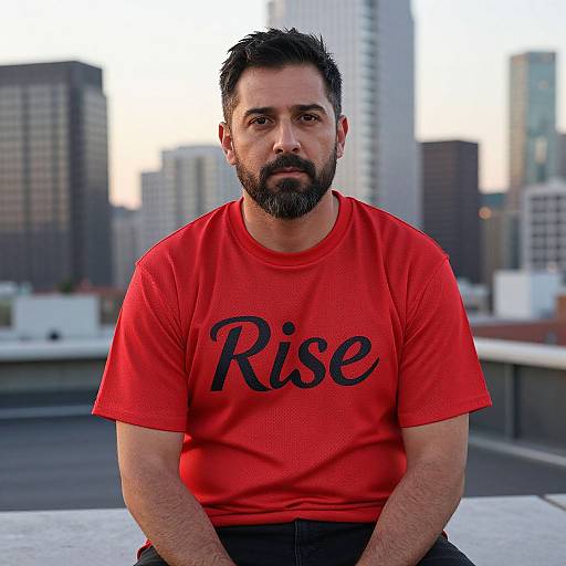 Photograph of a bearded, dark-haired man with a serious expression, wearing a bright red T-shirt with 