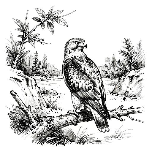Fine Ink Hawk on Rocky Cliff