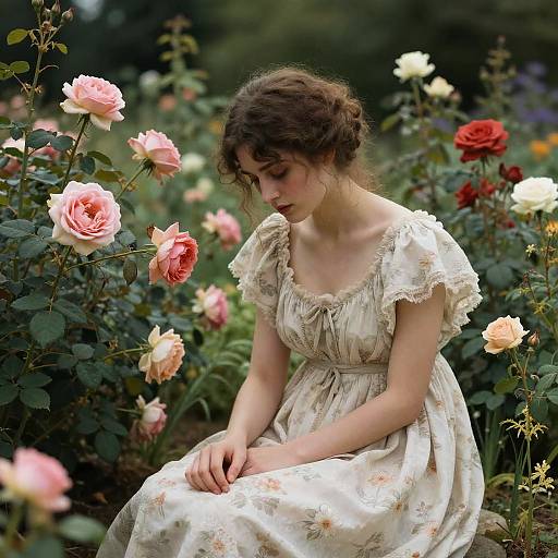 Photograph of a young woman with curly brown hair, wearing a vintage floral dress, seated in a lush garden surrounded by blooming pink and red roses