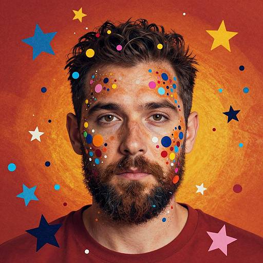 Photograph of a bearded man with dark hair, wearing a red shirt, against an orange background, face adorned with colorful dots and stars.
