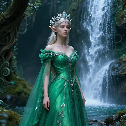 Digital fantasy artwork of an elf woman with long silver hair, pointed ears, wearing a green off-shoulder gown and silver tiara, standing in