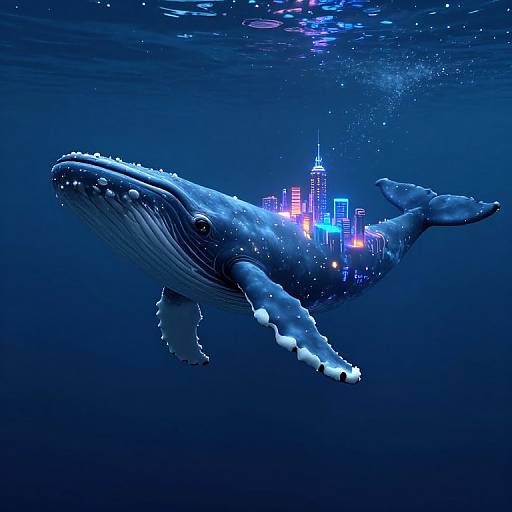 Digital artwork of a massive blue whale with a city skyline of glowing skyscrapers integrated into its body, swimming underwater.