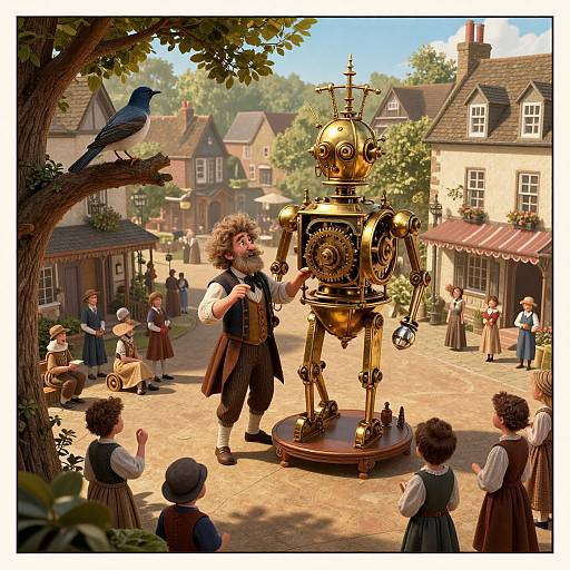 Whimsical digital painting: bearded inventor presents golden robot in village square, surrounded by children and birds, with quaint houses in background.