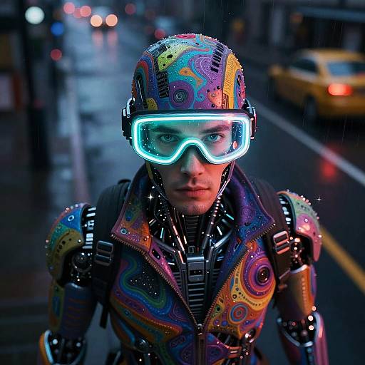 Cyberpunk street scene photograph: vibrant, rainbow-patterned robotic soldier in neon visor, rain-soaked city, blurred yellow taxi in background.