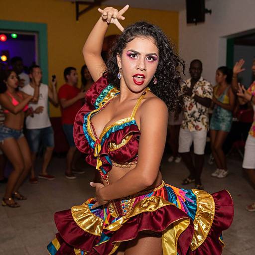 Photograph of a curvy Latina woman with dark curly hair, wearing a vibrant, multicolored, red and gold, ruffled dance outfit,