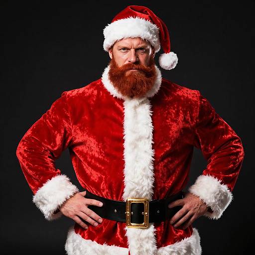 Photograph of a muscular, bearded man in a red velvet Santa suit with white fur trim, black belt, and Santa hat, standing against a