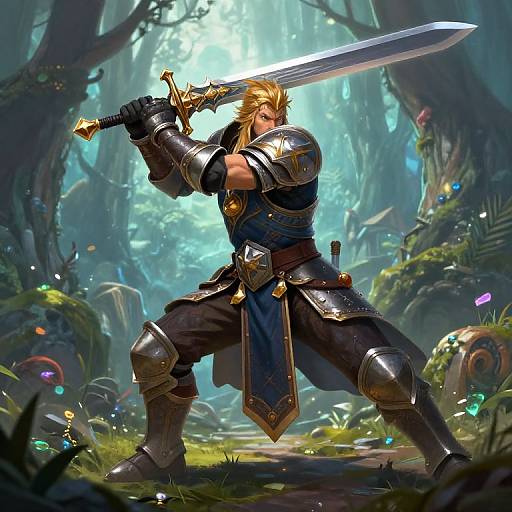 Digital fantasy artwork of a muscular blond warrior in silver armor, holding a glowing sword, in a mystical forest with sunlight filtering through trees.