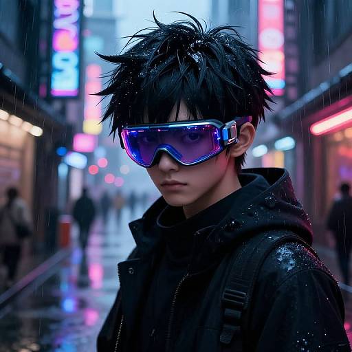 Digital art of a young man with messy black hair, blue reflective goggles, dark hoodie, standing in a neon-lit, rainy city street at night