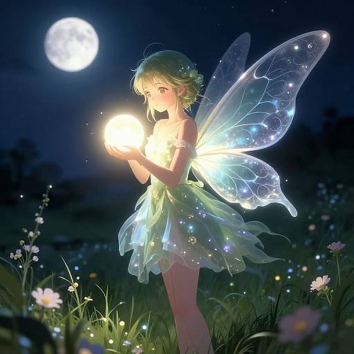 Anime-style digital illustration of a fairy with glowing wings, green hair, and a translucent green dress, holding a bright light under a full moon in a