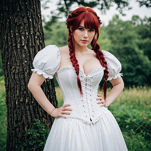 Red-haired Woman in White Corset Dress Outdoors