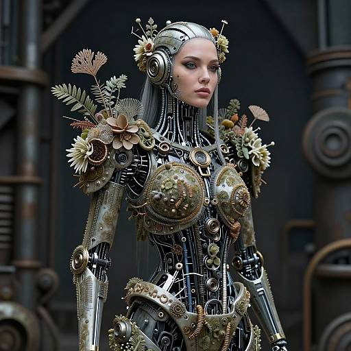 CGI image of a futuristic, cybernetic woman with metallic armor adorned with flowers, set against a dark, industrial background.