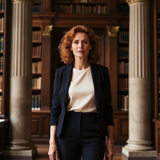 Photograph of a mature woman with red curly hair, wearing a navy blazer and white ribbed shirt, standing in a library with tall columns and