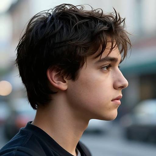 Photograph of a young man with tousled dark brown hair, fair skin, and intense expression, wearing a black shirt, profile view against a blurred
