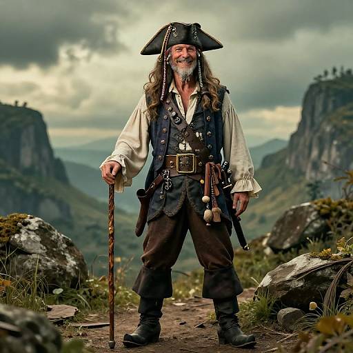 Photograph of a grizzled, bearded pirate with long hair, black tricorn hat, white shirt, blue vest, brown pants, standing