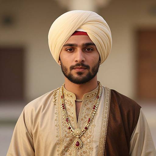 Photograph of a bearded South Asian man with a white turban, brown and beige embroidered shirt, and red bead necklace, standing against a blurred