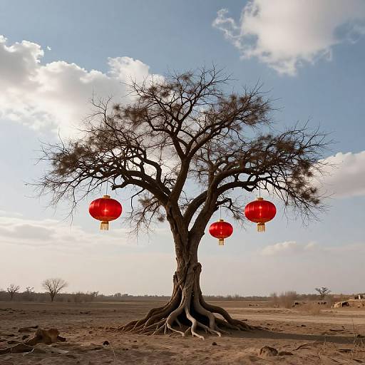 Photograph of a bare, leafless tree with three red Chinese lanterns hanging from its branches, set against a clear, blue sky with scattered clouds
