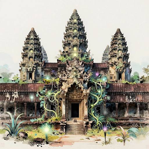 Digital illustration of an ancient, overgrown temple with three towering, detailed spires, surrounded by vibrant, glowing plants and vines.