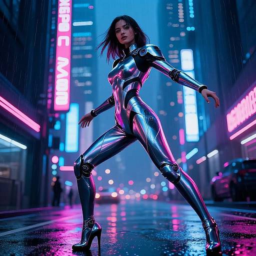 Photorealistic CGI of a dark-haired woman in a shiny, metallic blue bodysuit and high heels, striking a powerful pose in a neon-l