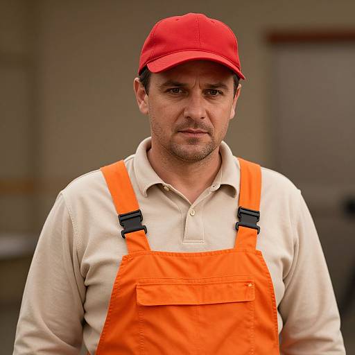 Man in Orange Overalls and Red Hat