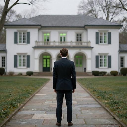 Mysterious Man Facing Elegant Mansion