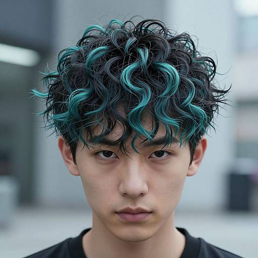 Photograph of an Asian young man with curly black hair featuring teal highlights, wearing a black shirt, in a blurred urban background.