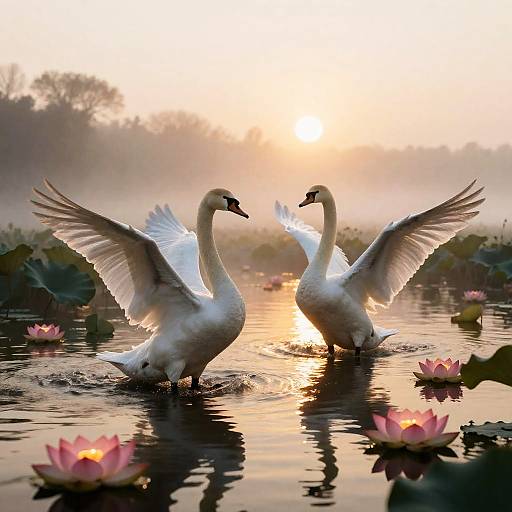 Silver-Winged Swans in Misty Golden Marsh