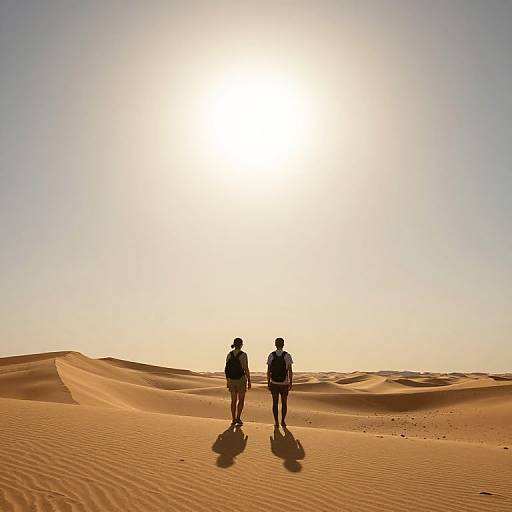 Photograph of two silhouetted people standing in a sunlit, sandy desert with rolling dunes, backlit by a bright, radiant sun