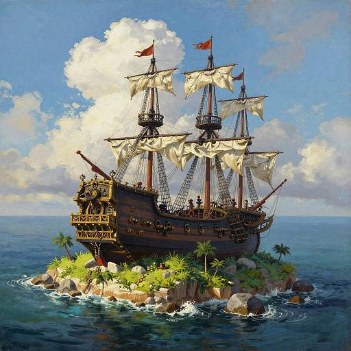 Majestic Pirate Frigate on Lush Island
