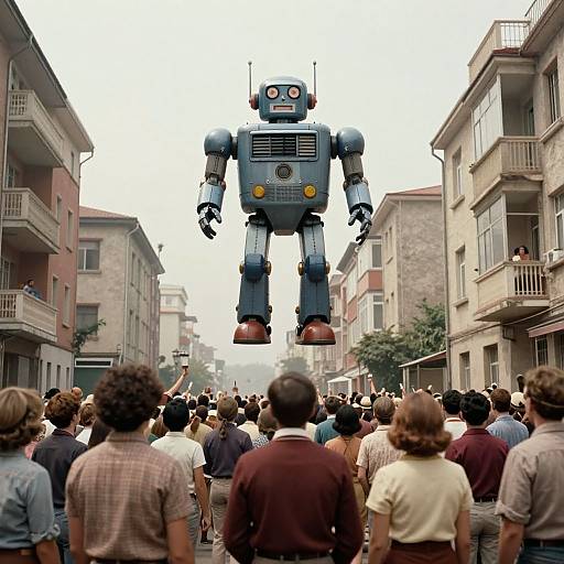 Photograph of a large, vintage-style blue robot with circular red eyes and yellow buttons, hovering above a crowded urban street.