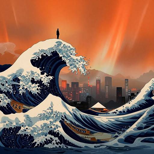 Digital art: Silhouetted figure stands atop massive, snow-capped wave, overlooking a futuristic cityscape with glowing skyscrapers under an orange