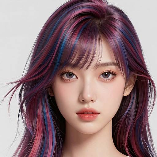 Digital portrait of an Asian woman with fair skin, purple and blue streaked hair, large eyes, and pink lips, set against a white background.