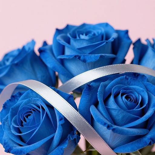 Photograph of vibrant blue roses with silver ribbon wraps, close-up shot, white background, highlighting rich textures and vivid colors.