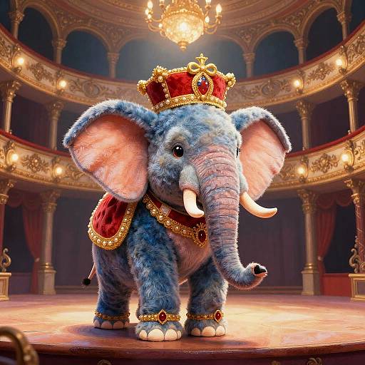 Photorealistic digital artwork of a blue, fuzzy elephant in a red and gold royal crown, standing center stage in an ornate, grand theater with
