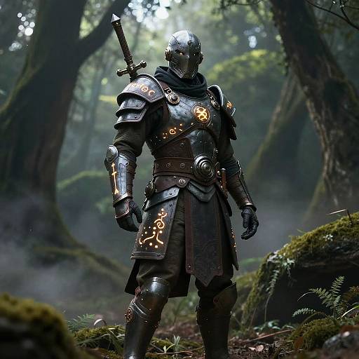 Futuristic Ancient Warrior in Mystic Forest