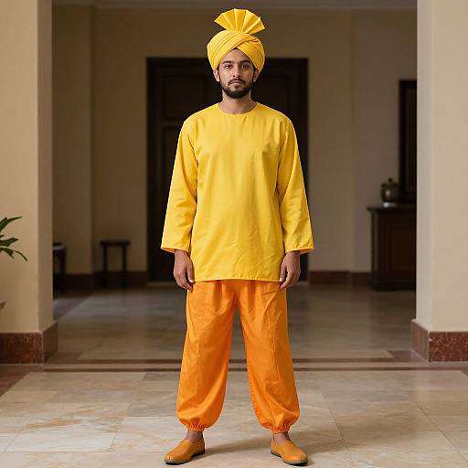 Photograph of a bearded man in bright yellow traditional Punjabi attire, including a turban, long shirt, and baggy pants, standing in